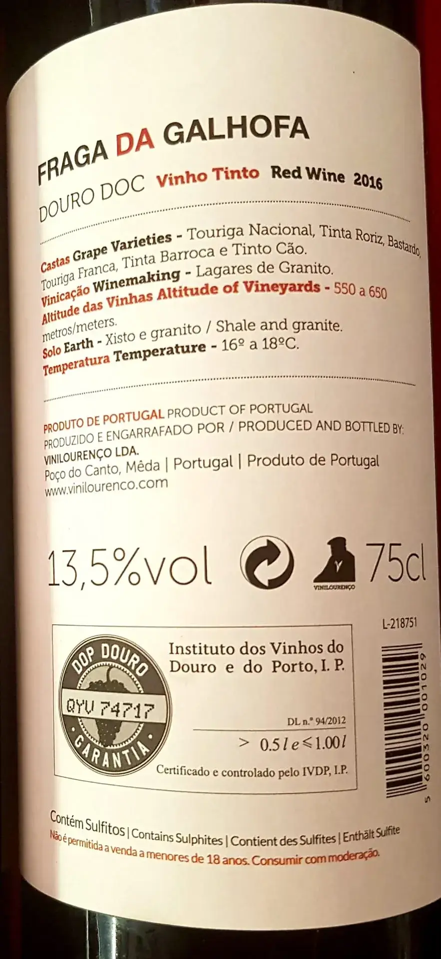 Bottiglia di vino rosso o bianco "Fragada Galhofa"