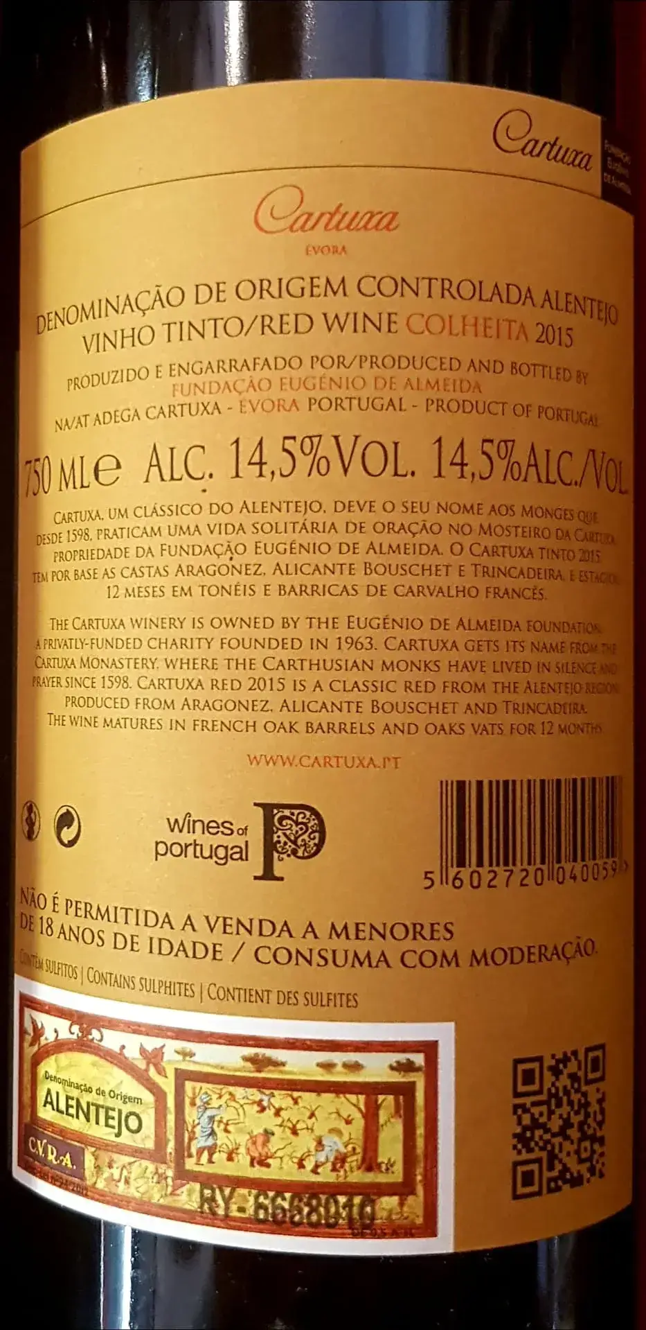 Bottiglia di vino rosso "Cartuxa"